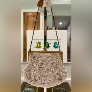 Antique French Beaded Bag, Chain Handle, Fabric-Lined, GUC